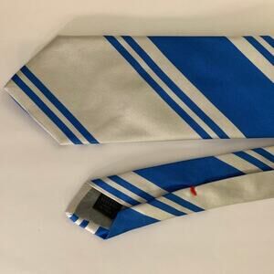 JIL SANDER Size Blue & Beige Silver Stripe Silk Tie